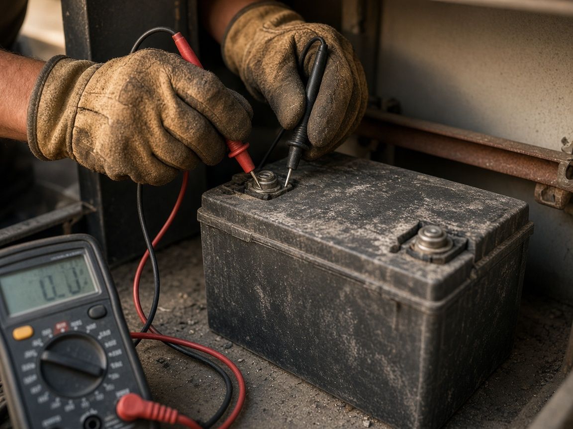 Gloved hands testing a deep-cycle battery's terminals with a multimeter