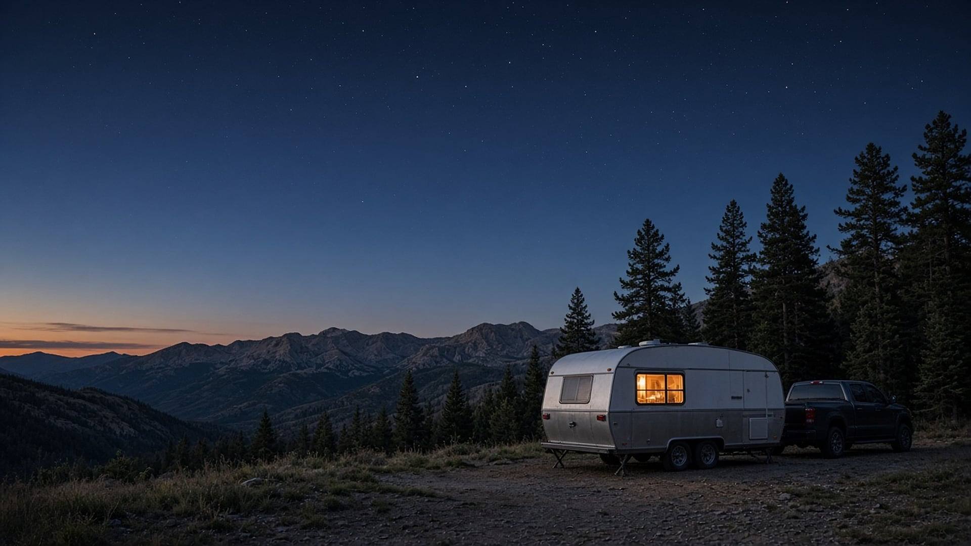 A silver travel trailer and pickup parked at a mountain campsite at dusk, one window glowing.