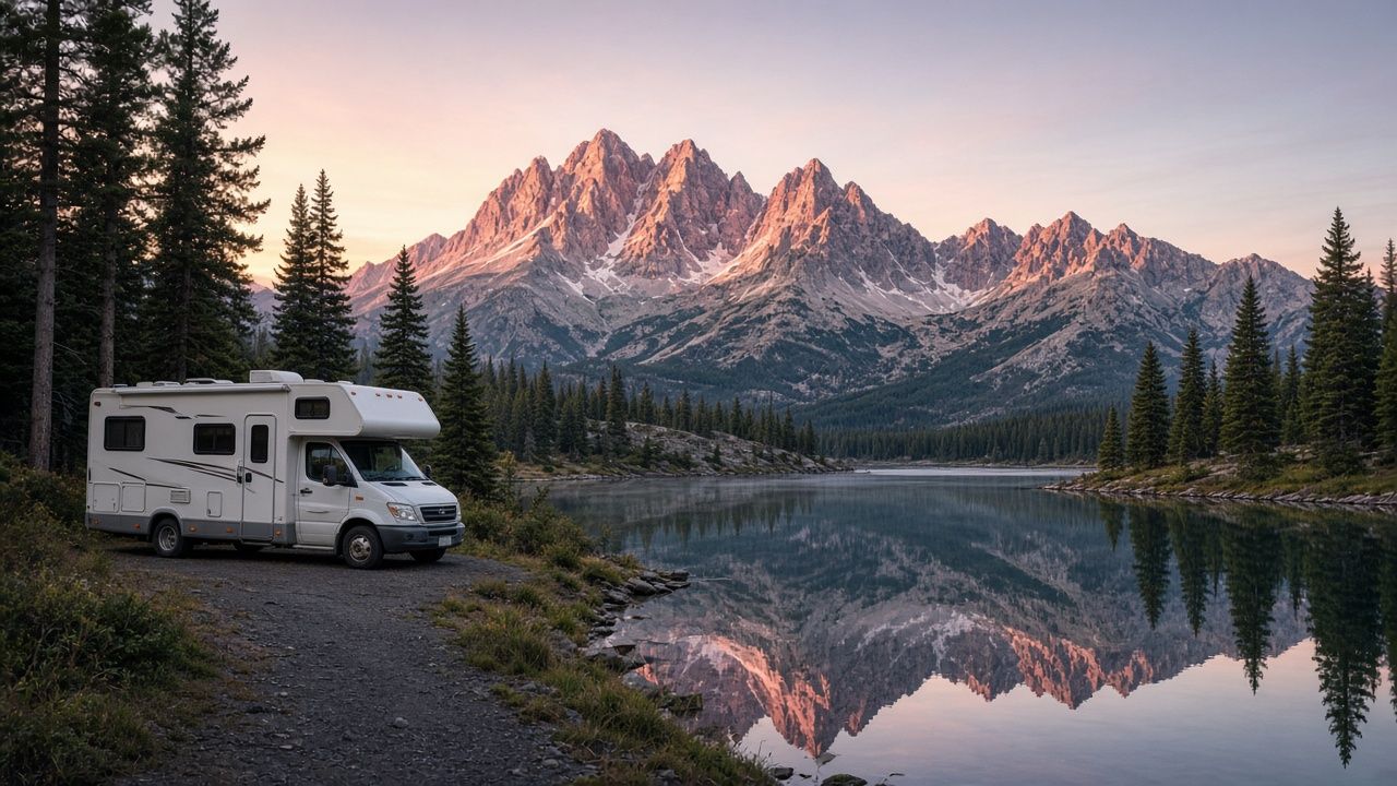 Class C motorhome parked on a gravel pullout beside a still mountain lake at sunrise