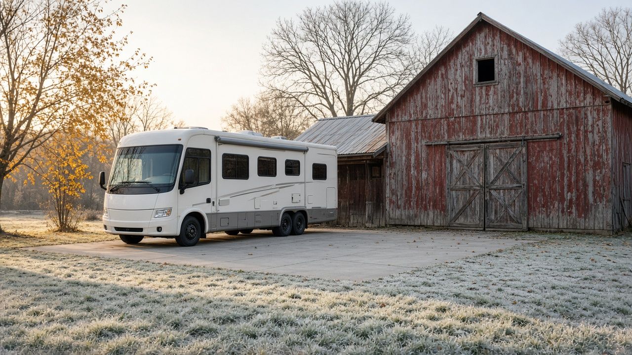 Class A motorhome parked on a concrete pad beside a red barn on a frosty autumn morning