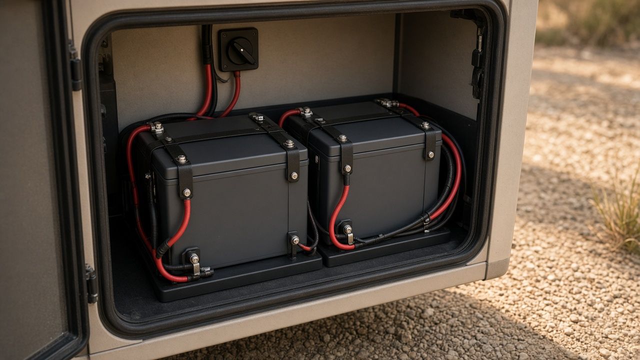 Two dark grey lithium batteries strapped down in an open RV storage bay