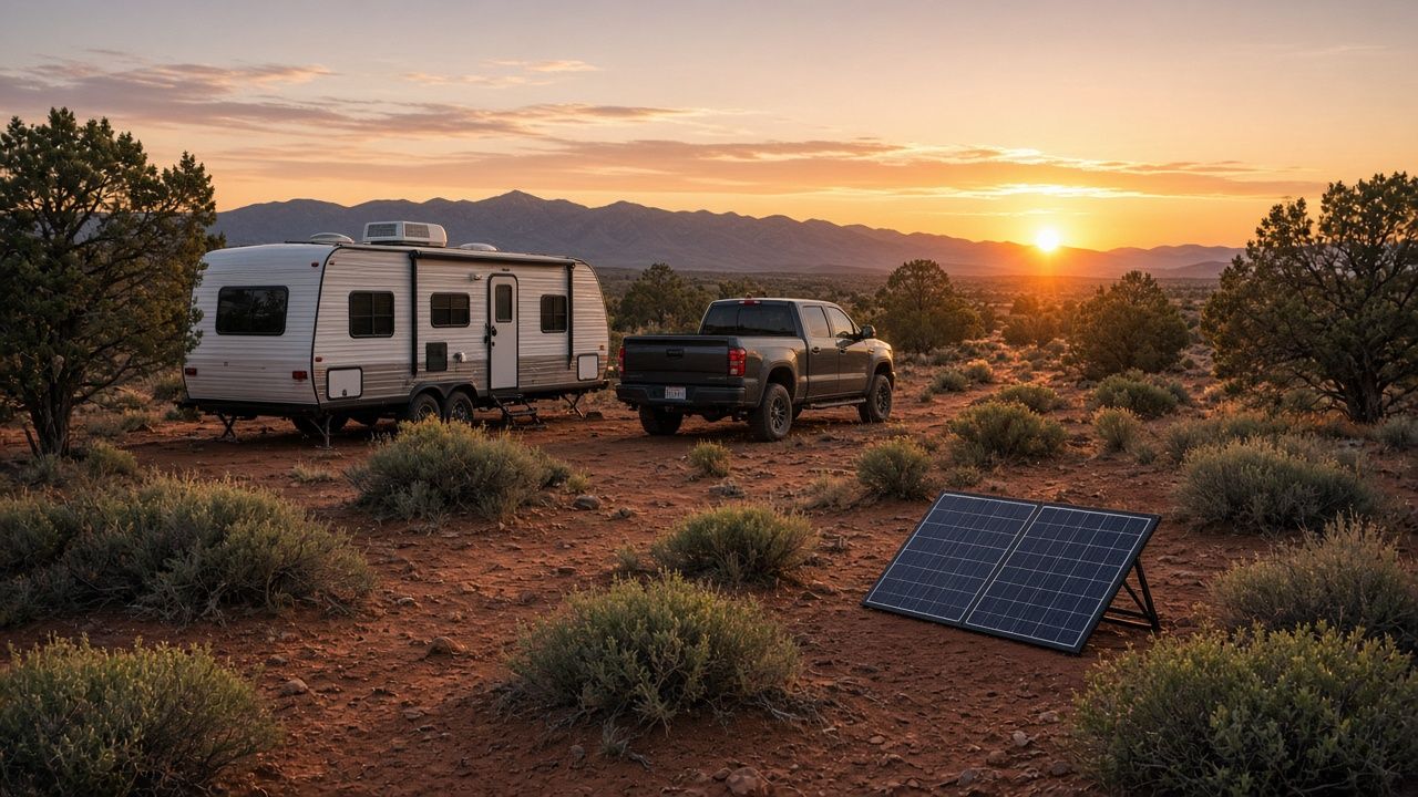 Travel trailer and pickup camped on red desert dirt at sunset with a folding solar panel set out in the brush