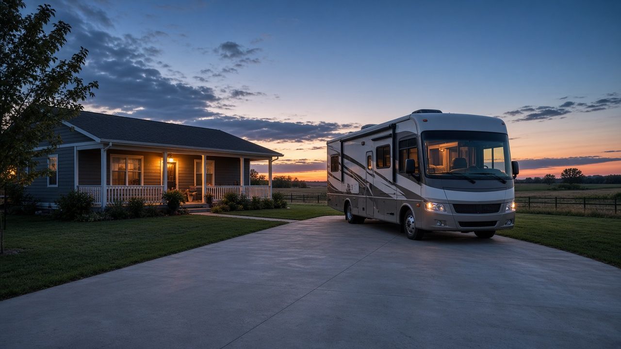 Class A motorhome parked on a home driveway beside a lit front porch at dusk