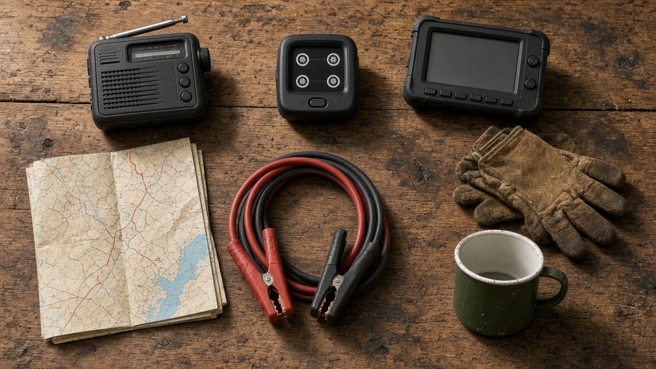Road trip gear on a worn wooden table: a weather radio, a tire sensor display, a GPS, a paper map, jumper cables, work gloves, and an enamel mug