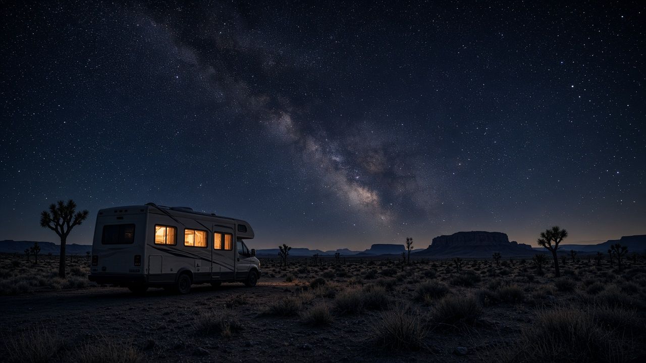 Motorhome with warm glowing windows parked alone in the desert under the Milky Way