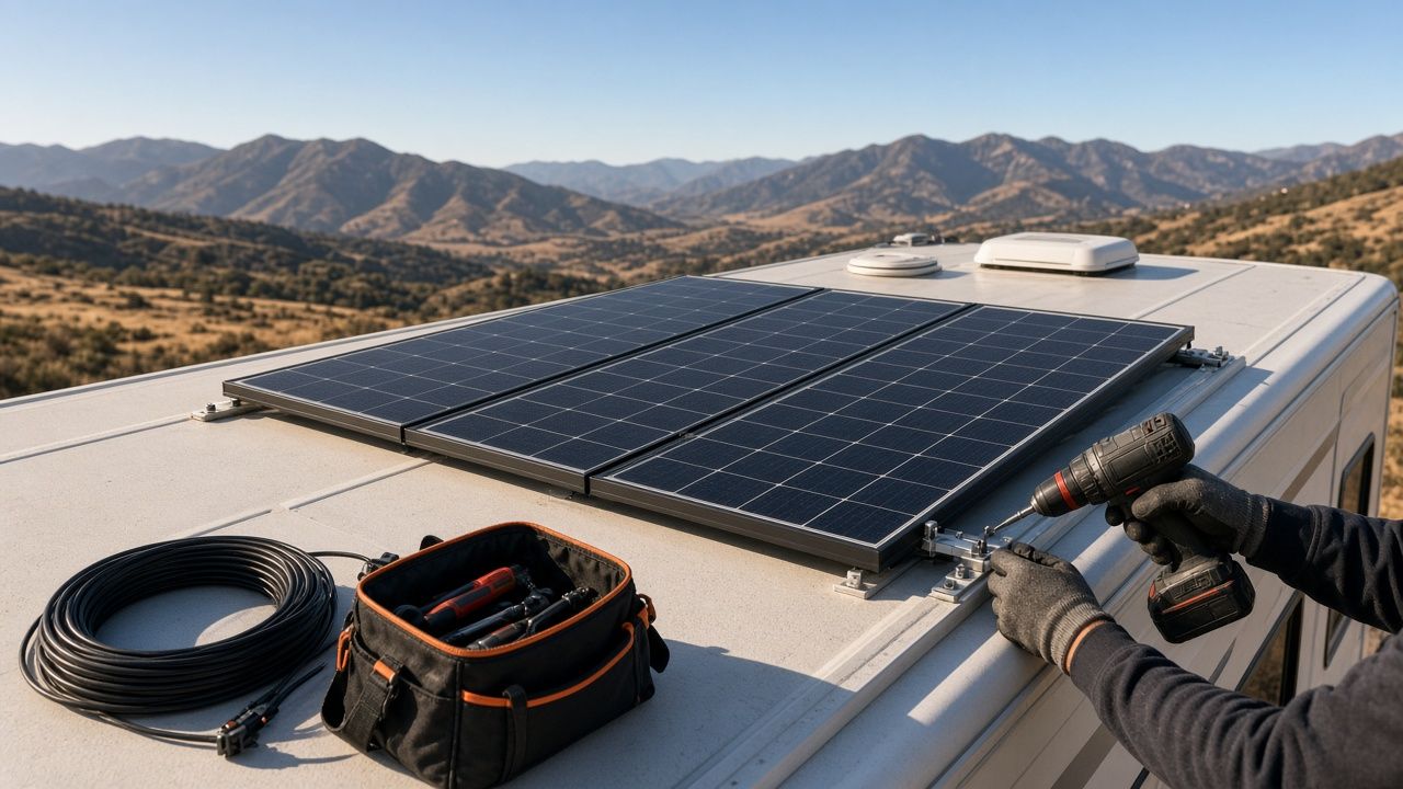 Gloved hands driving a mounting bolt into a motorhome roof beside three new solar panels, with dry hills behind