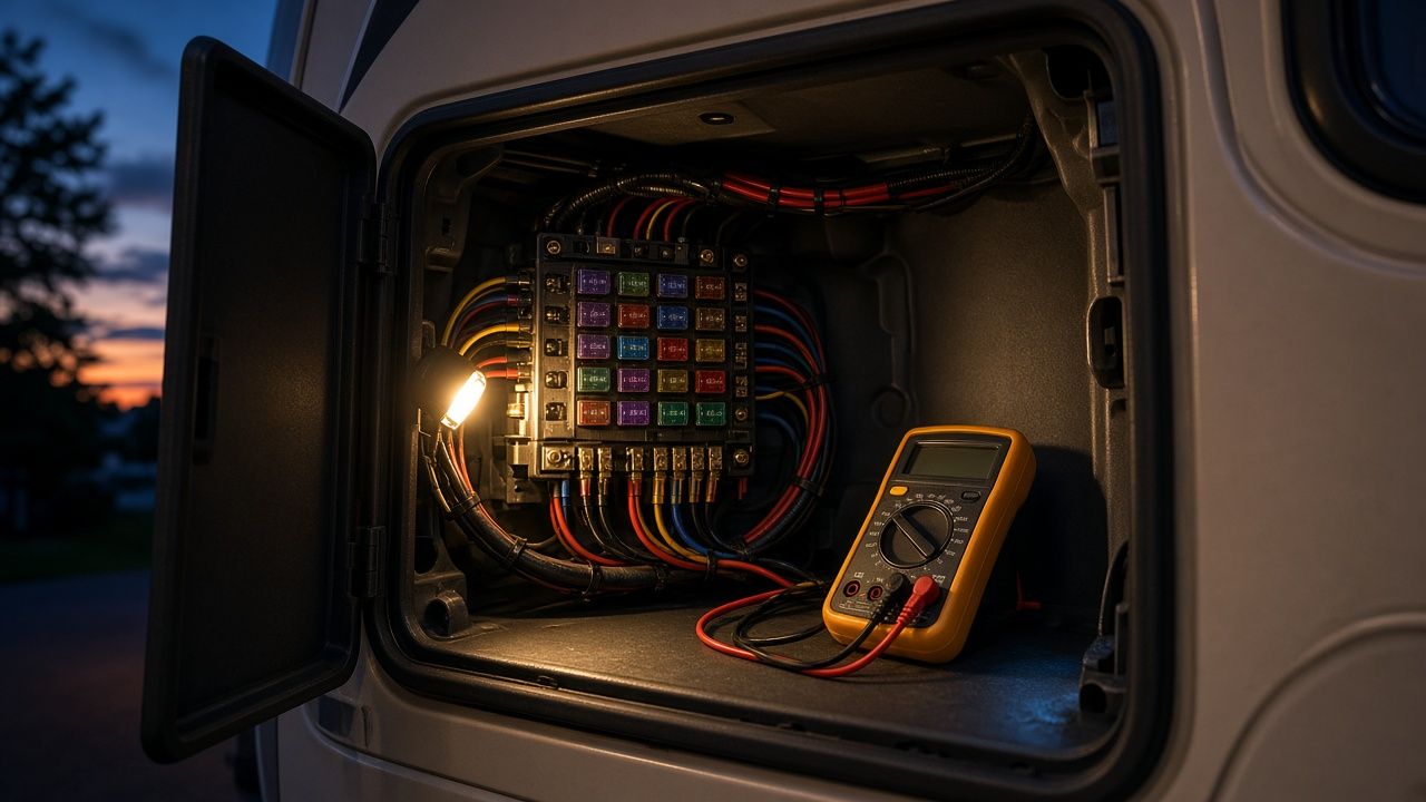 Open motorhome service bay at dusk showing a fuse block, wiring, and a multimeter lit by a small work light