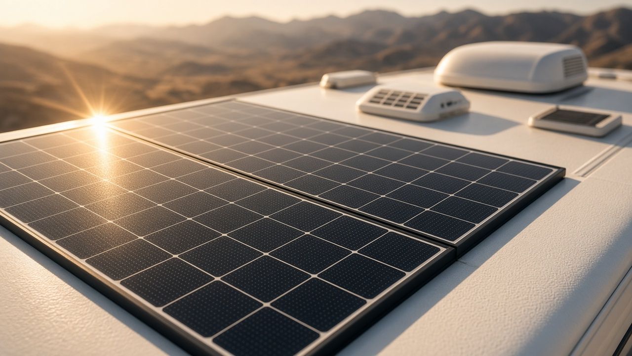 Black solar panels on a white RV roof catching low golden-hour sun