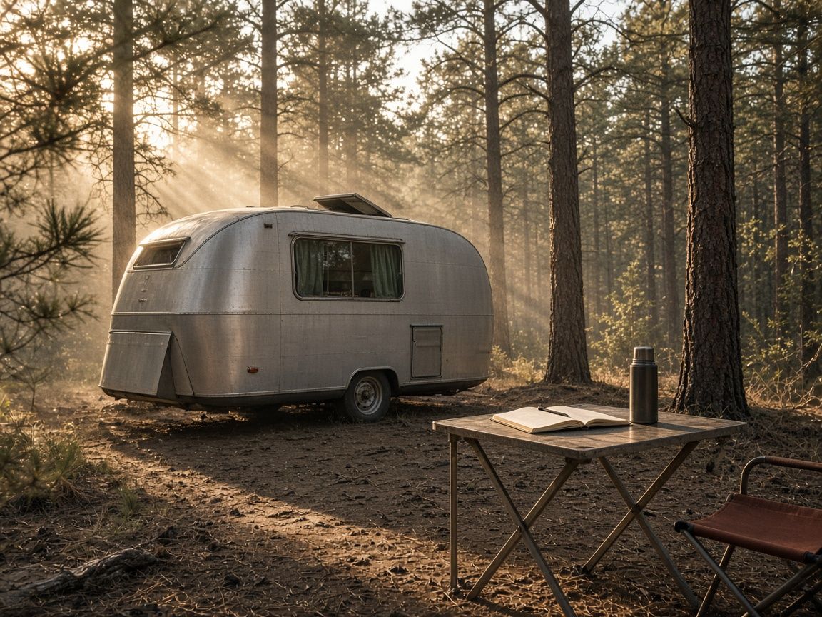 A small aluminum travel trailer in a sunlit pine forest campsite