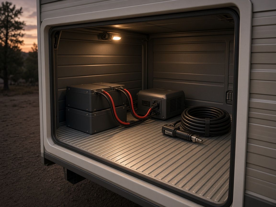 A lithium battery bank, an inverter, and a coiled cord in a lit RV storage bay at dusk