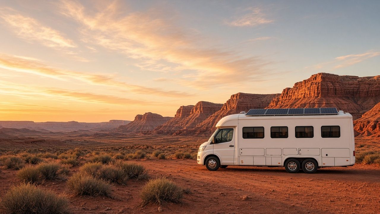 White motorhome with a row of roof solar panels parked among red-rock mesas at golden hour