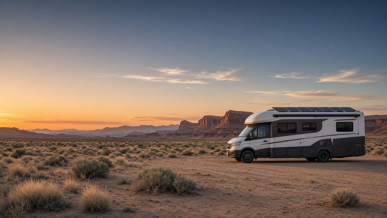 A Class A motorhome with solar panels on its roof, parked in the desert below red rock mesas at dusk