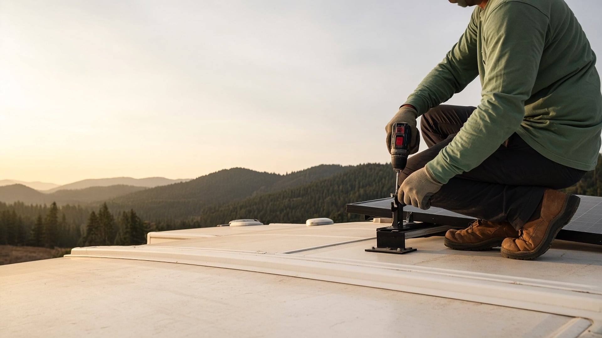 An RV technician on a ladder checking rooftop solar panels on a motorhome at dusk.