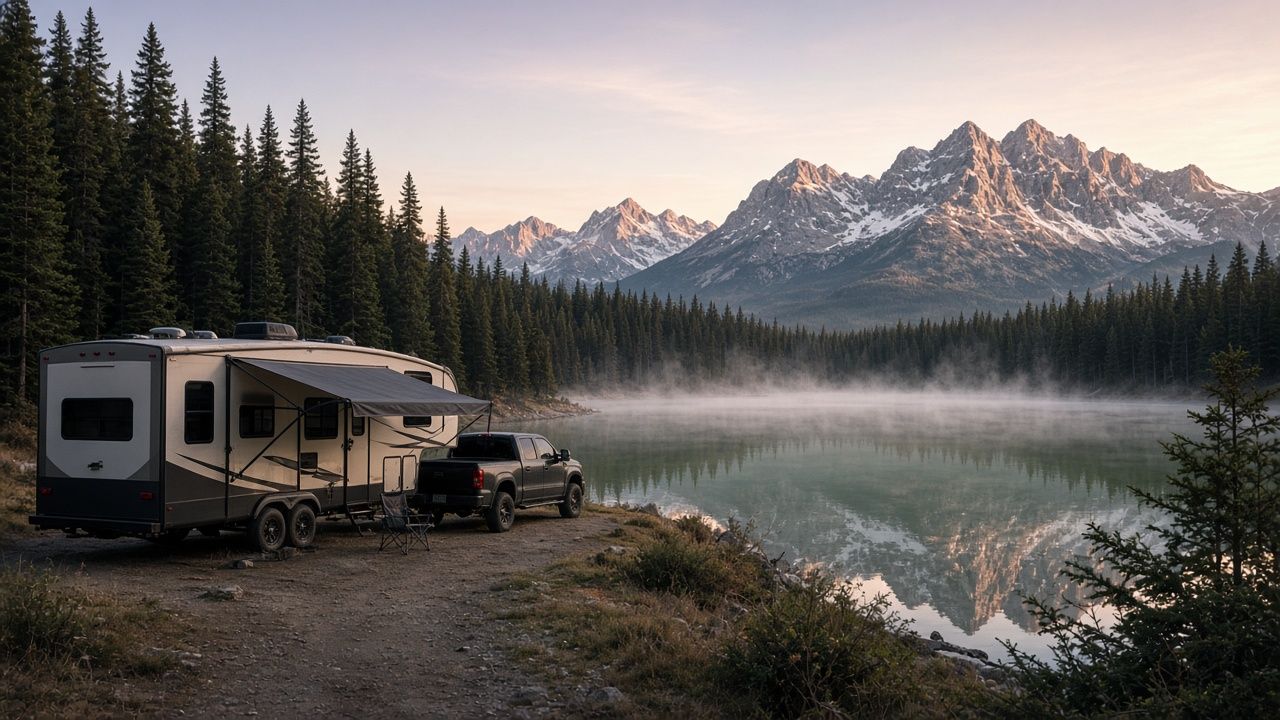A fifth wheel and pickup camped beside a misty alpine lake at dawn, snowy peaks behind