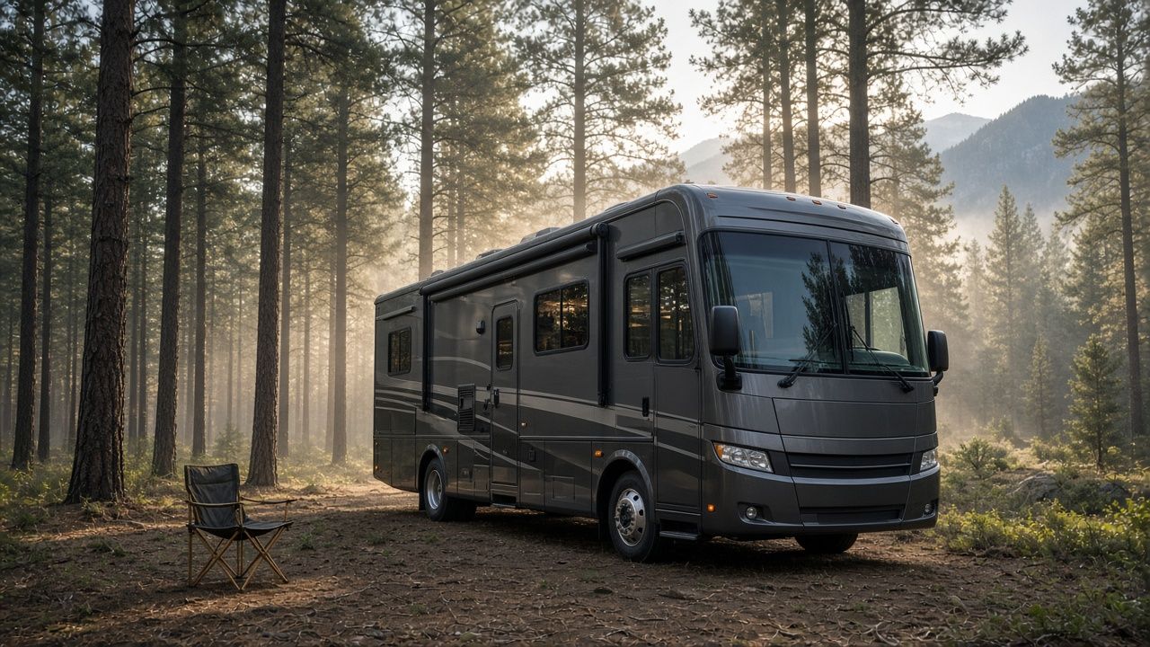 Large Class A motorhome parked in a misty ponderosa pine forest at sunrise with a camp chair beside it