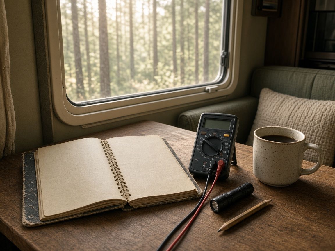 An open owner's binder, a multimeter, and coffee on an RV dinette table by a window