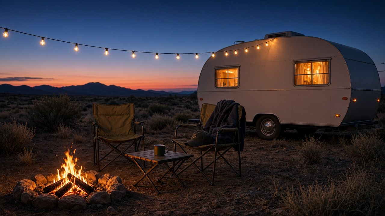 Vintage travel trailer with glowing windows at dusk, string lights, camp chairs with a hoodie and cap, and a small campfire