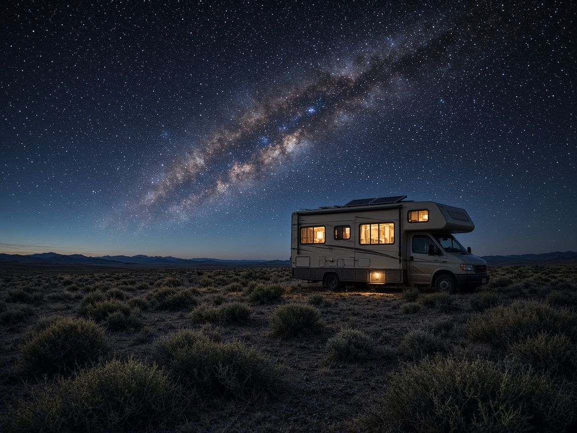 A Class C motorhome with glowing windows under the Milky Way in the high desert