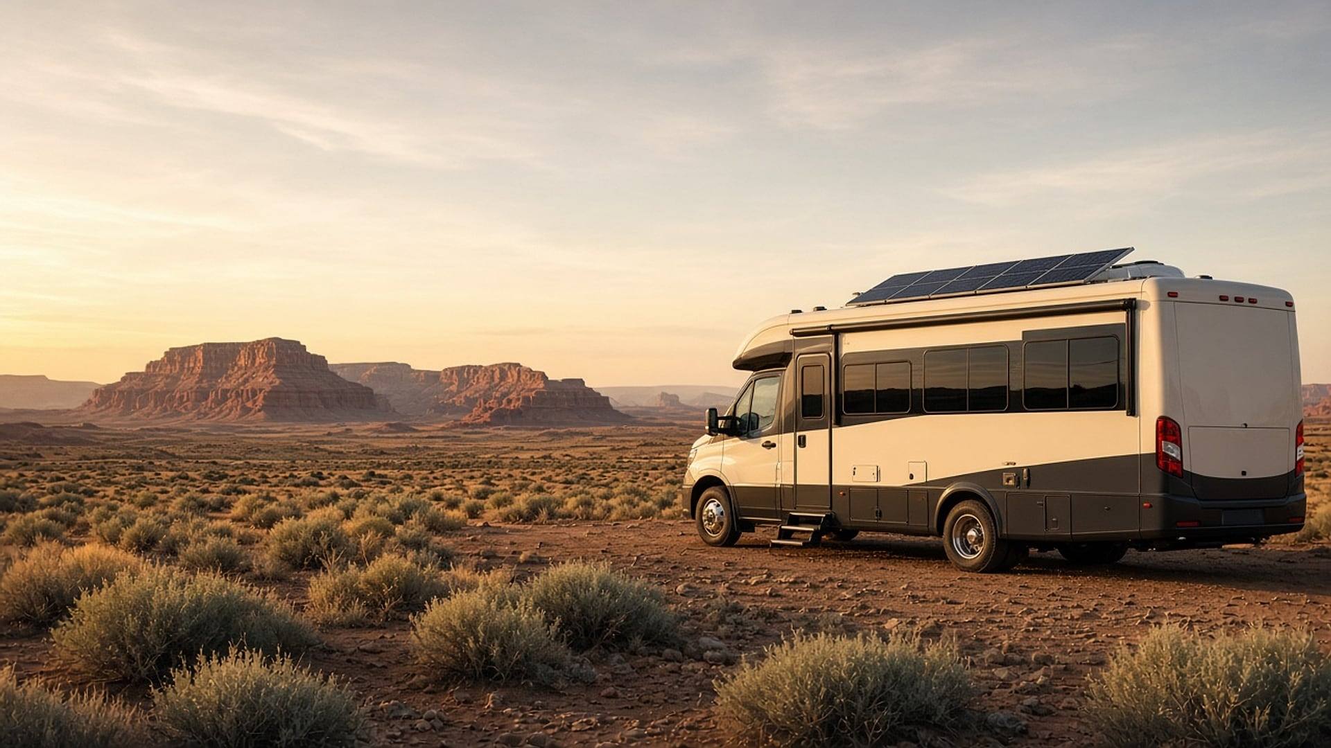 A motorhome with rooftop solar panels parked in the desert at golden hour, red mesas behind it.