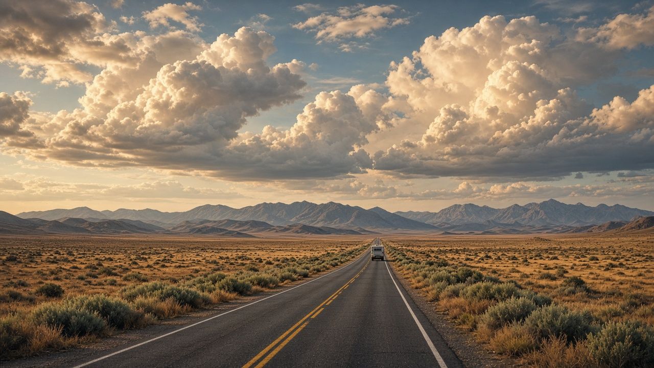 A motorhome far down a straight two-lane desert highway under big afternoon clouds