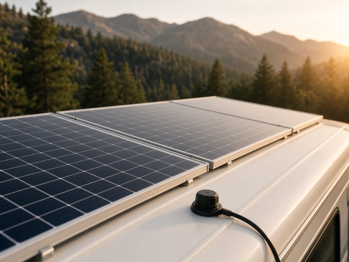 Rigid solar panels on a white RV roof at golden hour, pine-covered mountains behind
