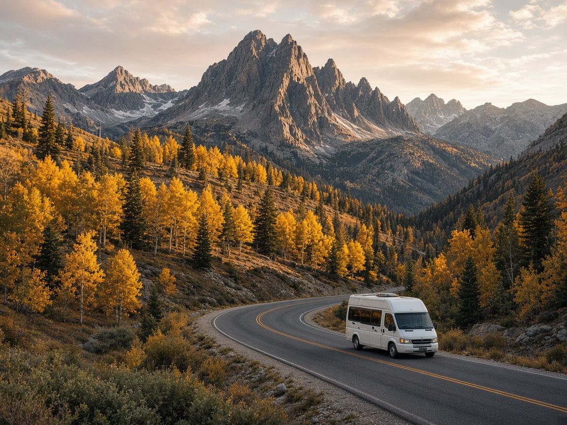 A white camper van on a winding mountain road lined with golden aspens